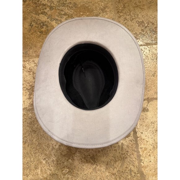 Wide-Brimmed Gray Suede Fedora Hat With Black Striped Band - Picture 6 of 6